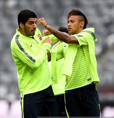 during a FC Barcelona training session on the eve of the UEFA Champions League semi final second leg match against FC Barcelona at Allianz Arena on May 11, 2015 in Munich, Germany.