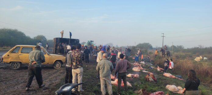 Camión de transporte volcado